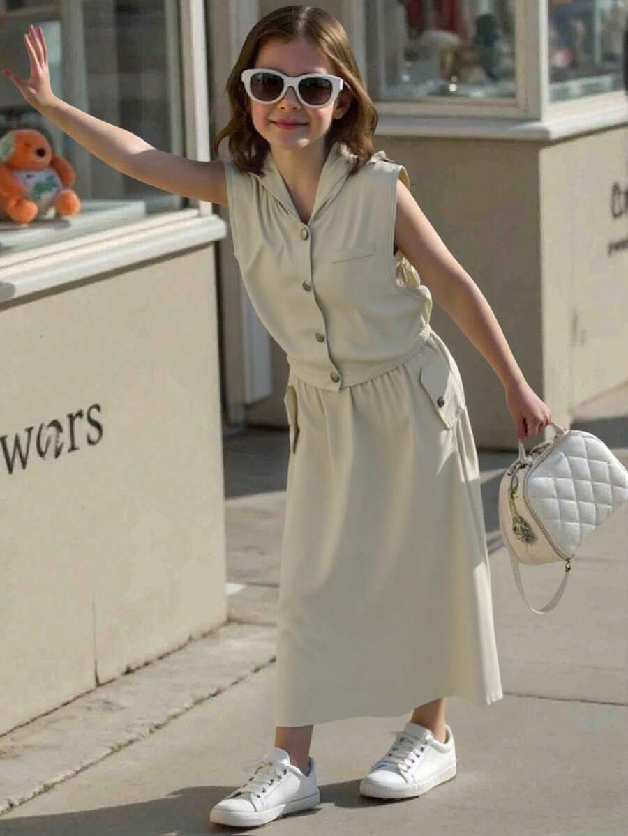 青少年女孩休闲连帽无袖纯色上衣和高腰纯色中长裙套装