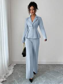 Elenzga 优雅束腰套装，时尚通勤喇叭裤，适合节日、约会、独立日、女教师装 - 淺藍色 - 查看 5