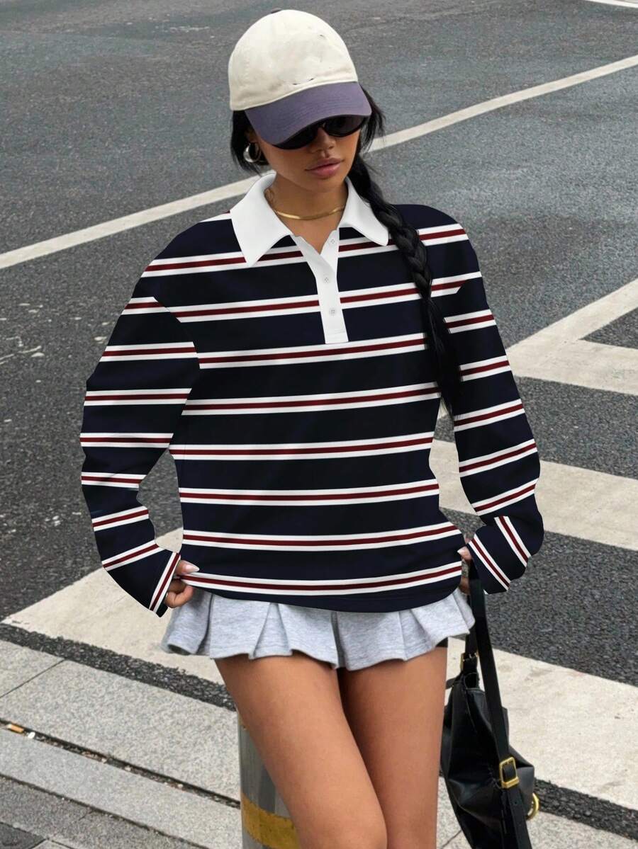 Muchica Áo thun dài tay dáng rộng cổ bẻ kẻ sọc xanh navy và đỏ/trắng, đơn giản, tối giản, thoải mái cho mùa thu/đông, đa năng, phù hợp mặc hàng ngày, dành cho nữ - Nhiều màu - Xem 1