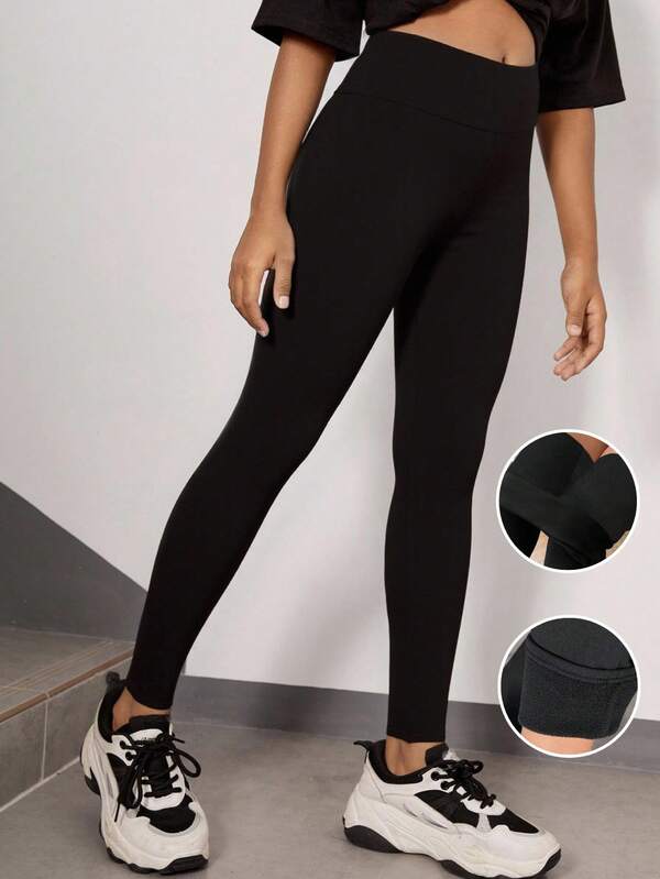 SHEIN Tween Girl Black Stretchy Casual Sports Leggings With Thermal Lining, Solid Color Sports Leggings, Running Tights Black Pants Athletic Leggings Stretchy Leggings High-Waisted Leggings Black Leggings