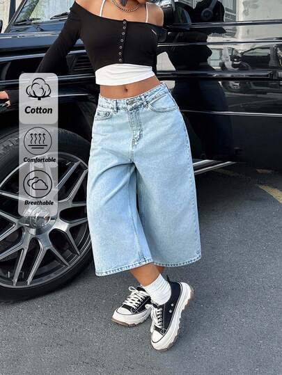 SHEIN PETITE Petite Low Waist Snow Wash Denim Short Baggy Jeans Y2k Jeans Wide Leg Denim Capris For Women Summer Jeans Jean Shorts Y2k