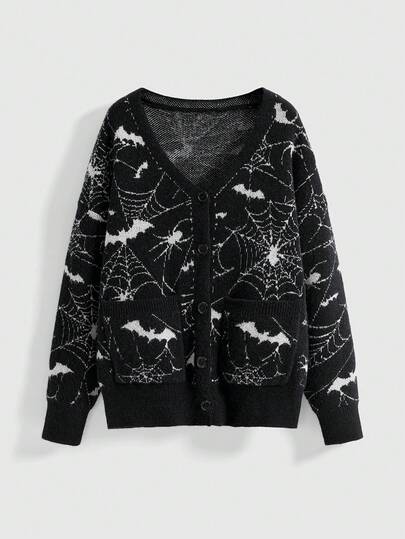 Gothic Halloween Spider Web Jacquard Knit Cardigan For Women
