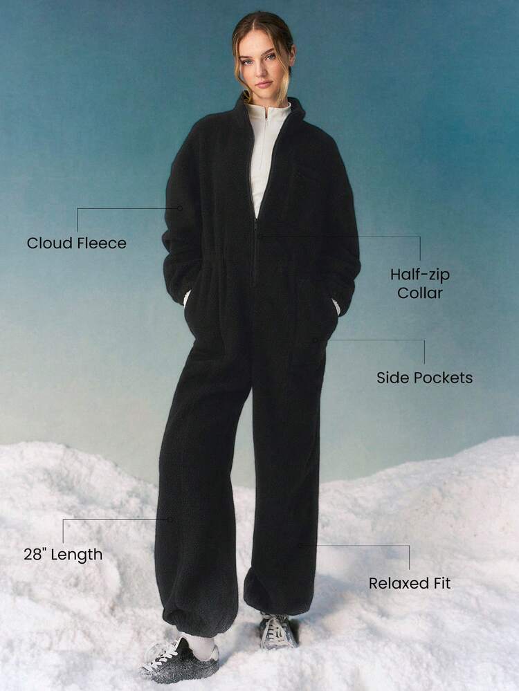 Skiing Collection Cloud Fleece Slope Chaser Cozy Plush Pockets Elastic Waistband Relaxed Fit Half-Zip Jumpsuit Autumn Winter Outdoors Daily Casual Wear