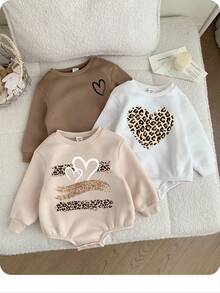 3件套女婴连体衣，秋冬季保暖针织圆领长袖爱心印花连体衣，猎豹纹婴儿服，摩卡色婴儿服，女婴卫衣，中性婴儿服，男女通用 - 彩色 - 查看 4