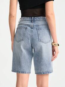 Aalyst Women's Pocket Denim Knee Length Inseam Slim Fitted Straight Leg Shorts - Light Wash - View 2