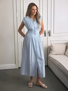 Aalyst Váy kẻ sọc chữ A hở eo thời trang thanh lịch, thoải mái, quyến rũ, cổ điển, không tay, đi làm thường ngày cho nữ - Màu xanh lam - Xem 4