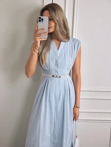 Aalyst Váy kẻ sọc chữ A hở eo thời trang thanh lịch, thoải mái, quyến rũ, cổ điển, không tay, đi làm thường ngày cho nữ - Màu xanh lam - Xem 6