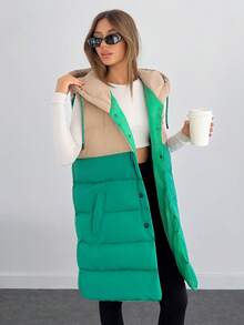 EURMUSE Woman 2 Colored Block Color Sleeveless Padded Drawstring Detailed Hoody Neck Front Snap Button Up Midi Length Winter Coat Casual - Multicolor - View 3