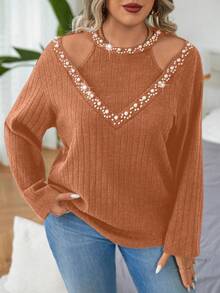 EMERY ROSE Áo thun tay dài hở vai đính ngọc trai giả cỡ lớn cho nữ, thu sang xuân - trái cam - Xem 6
