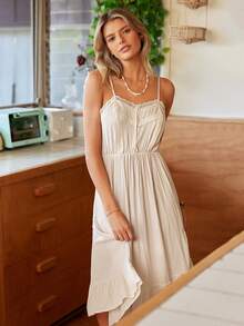 Lullawish Contrast Eyelet Embroidered Panel Slip Pajama Nightdress Flowy Dress Holiday Season - Beige - View 3