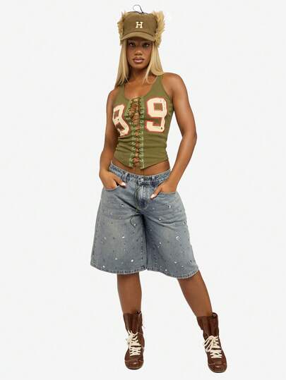 SUMWON WOMEN 棉质复古水洗铆钉宽松牛仔短裤，金属装饰，适合夏季节日休闲装