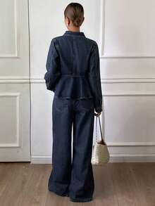 DAZY 女士牛仔翻领收腰开衫搭配直筒裤，休闲优雅牛仔套装，Y2K风格 - 深色水洗藍 - 查看 4