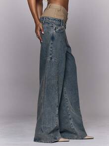 MUSERA Quần jeans ống rộng hai lớp cạp, dáng suông, thích hợp mặc mùa đông, đi chơi hàng ngày, đi chơi tối, phong cách thường ngày, cá tính, thời trang đường phố, màu bạc, sành điệu, mùa xuân hè. - Nhiều màu - Xem 3