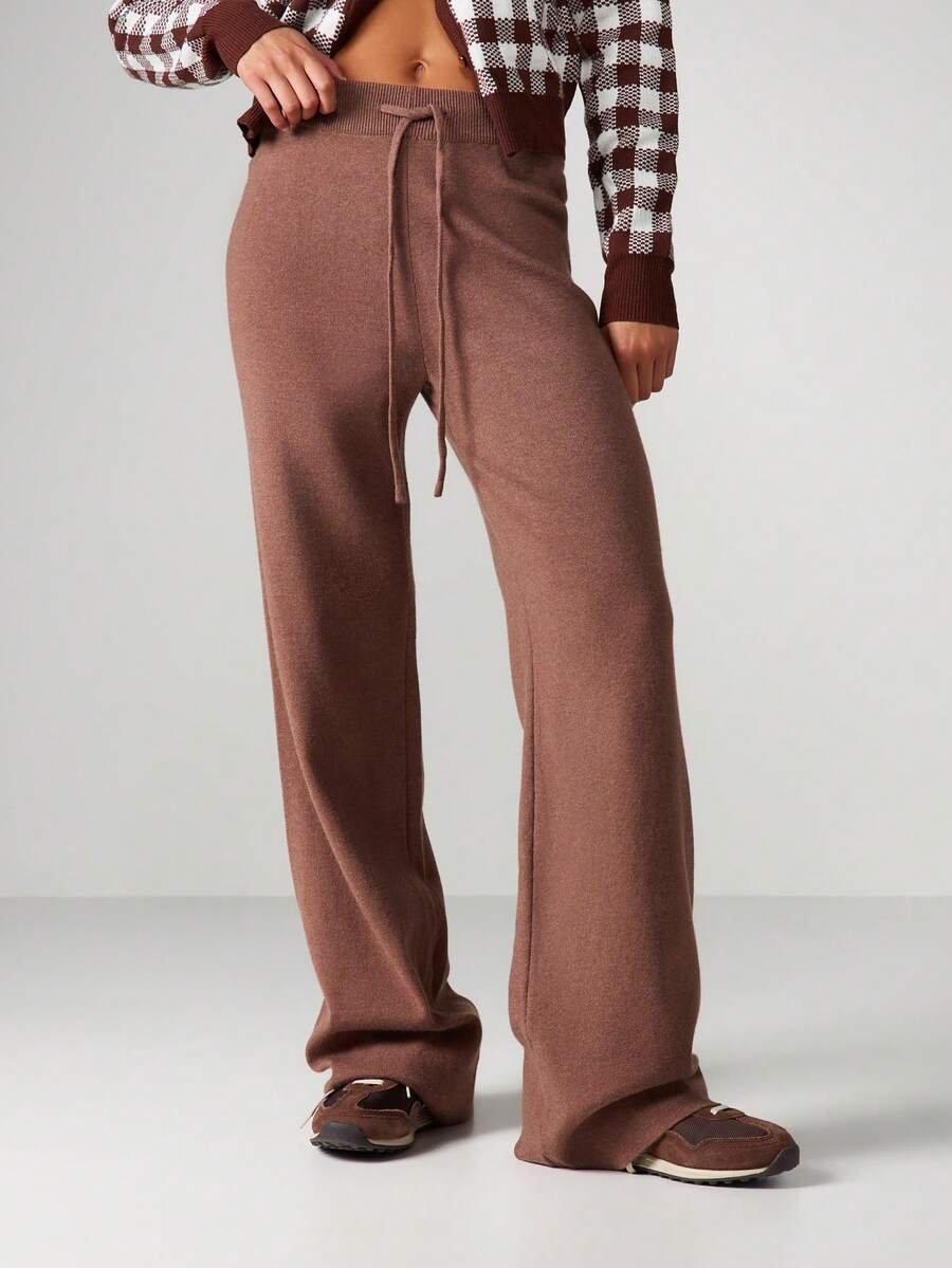 MISSGUIDED 女式针织阔腿裤，带抽绳，高腰休闲裤，秋冬舒适穿着 - 棕色 - 查看 1