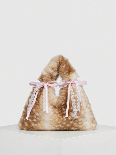 Kawaii Bolso de hombro/cruzado de mujer con capacidad grande, de pelo largo artificial, con estampado de leopardo y ciervo, de moda retro Y2K, grueso para otoño/invierno