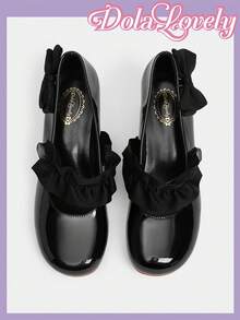 Dola Lovely 女士蝴蝶结玛丽珍高跟鞋，圆头扣带粗跟正装鞋，时尚百搭白色 - 黑色 - 查看 5