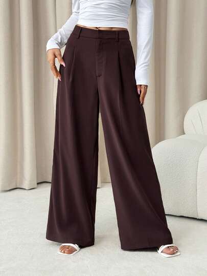 SHEIN PETITE Plain Solid Color Casual Simple Everyday Pants, Elegant For Commuting And Leisure Petite Wide Leg Pants High Waist Pants Wide Leg Pants