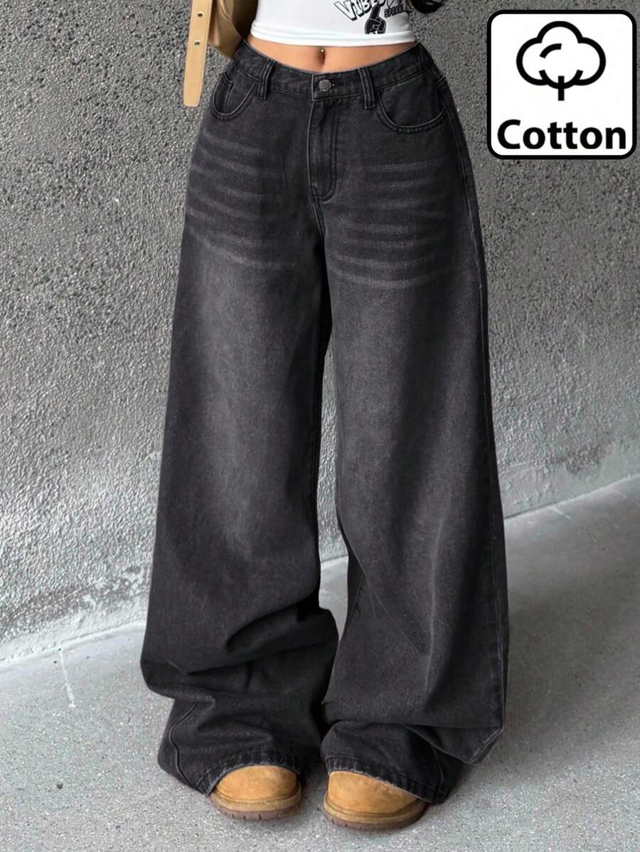 Coolane Quần jean ống rộng thoải mái, giặt sạch cho bé gái tuổi teen - màu đen - Xem 1