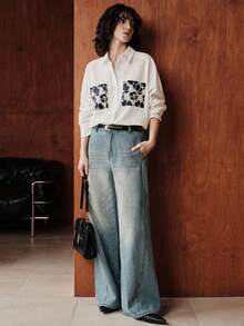 Uhlyne minimalistische weiße Baumwollmischung Langarmhemd mit bestickten Taschen, geeignet für Pendeln, Büro, Kirche, Schule und Lehrer