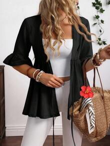 EMERY ROSE Plus Size Women V-Neck Ruffle Tie Flare Sleeve Casual Jacket Top - Black - View 6