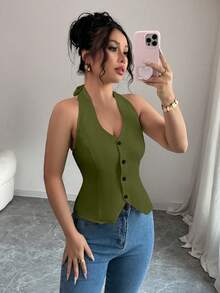 Elenzga 女士纽扣式吊带上衣 - 墨綠色 - 查看 1