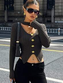 DAZY Autumn/Winter Fitted Turtleneck Knit Sweater With Metal Button Decor, Hollow Out, Halter Neck, High Slit, Fashionable & Elegant For Party, New Year, Christmas, Women