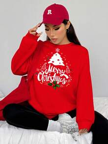 SHEIN EZwear 2pcs/Set Loose Crew Neck Sweatshirt And Skinny Leggings Pants Christmas Graphic Red - Multicolor - View 6