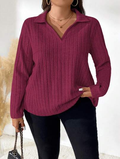 SHEIN CURVE+ Camiseta de manga larga y cuello redondo de unicolor, versátil y de moda, adecuada para uso diario, otoño/invierno, talla grande para mujer