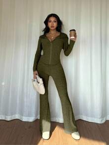 SHEIN PETITE 2 件套女式休闲连帽运动衫，带口袋和罗纹喇叭裤，百搭秋冬装 - 軍綠色 - 查看 7