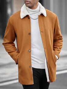 Manfinity Homme 男士纯色简约休闲翻领长袖大衣，秋冬季休闲外套 - 卡其色 - 查看 3