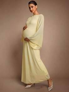 MaterniChic 孕妇纯色圆领喇叭袖褶皱优雅连衣裙 - 黃色 - 查看 4