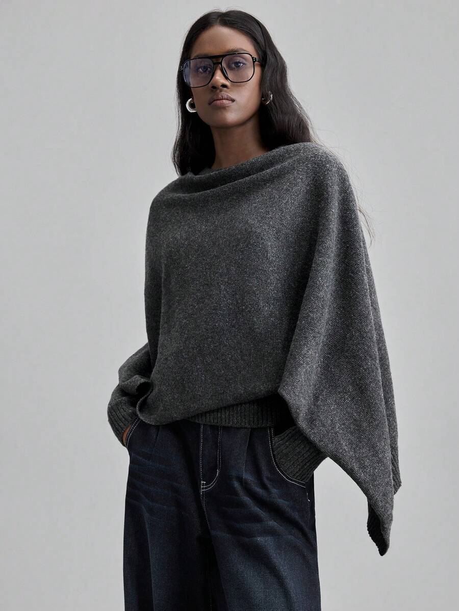 Ontre 2026春夏新款纯色斗篷式针织上衣，女士基础款毛衣，都市通勤商务休闲办公装，优雅派对装，情人节装。 - 深灰色 - 查看 1