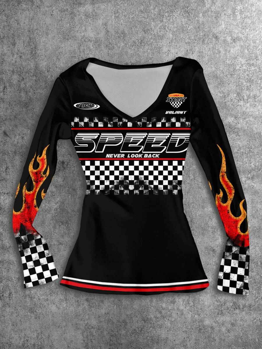 Attitoon 女士V领休闲运动赛车服火焰棋盘格撞色印花数字字母徽章简约修身长袖T恤，适合机场、复古、学院风、百搭、性感、可爱、Y2K、椰子女孩、波西米亚风、嬉皮风、音乐节、秋冬季等场合。 - 白色 - 查看 1