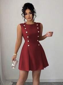 Elenzga Vestido mini elegante de talla grande con cuello redondo, sin mangas, doble botonadura, botones de cristal, cintura ceñida. Versátil para el trabajo y uso casual, color rosa - Burdeos - Ver 5
