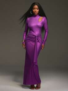 NYA SZN Dress Long Sleeve Turtle Neck Cut Out Slit Ruche Detail Fitted Bodycon Special Occasion Wedding Event Party Night Out Modest Cool Girl Ibiza Holiday Maxi Length Fall Winter Suitable For Commuting Thanksgiving Christmas NYE New Years Eve Outfits For Women