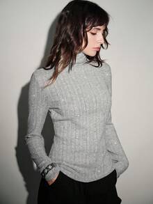 Lumivelle Women's Solid Color Turtleneck Ribbed Fleece Pullover Top, Suitable For Autumn Grey Top  Sparkly Top, Christmas - Grey - View 3
