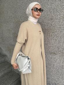 DAZY Completo da donna composto da giacca a maniche lunghe tinta unita e abito a maglia a coste a maniche lunghe, elegante maglione in 2 pezzi, moda modesta - Albicocca - Visualizzare 7