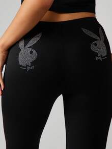 Missguided x Playboy Rhinestone Bunny Capri Leggings Mid Rise Stretch Festival Summer Casual - Black - View 5