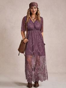 Freevana Plus Size Purple Summer Boho Holiday Vacation Dress,Solid Color Lace High Slit Music Country Festival Outfits,Long Lavender Dress For Women - Dusty Purple - View 4