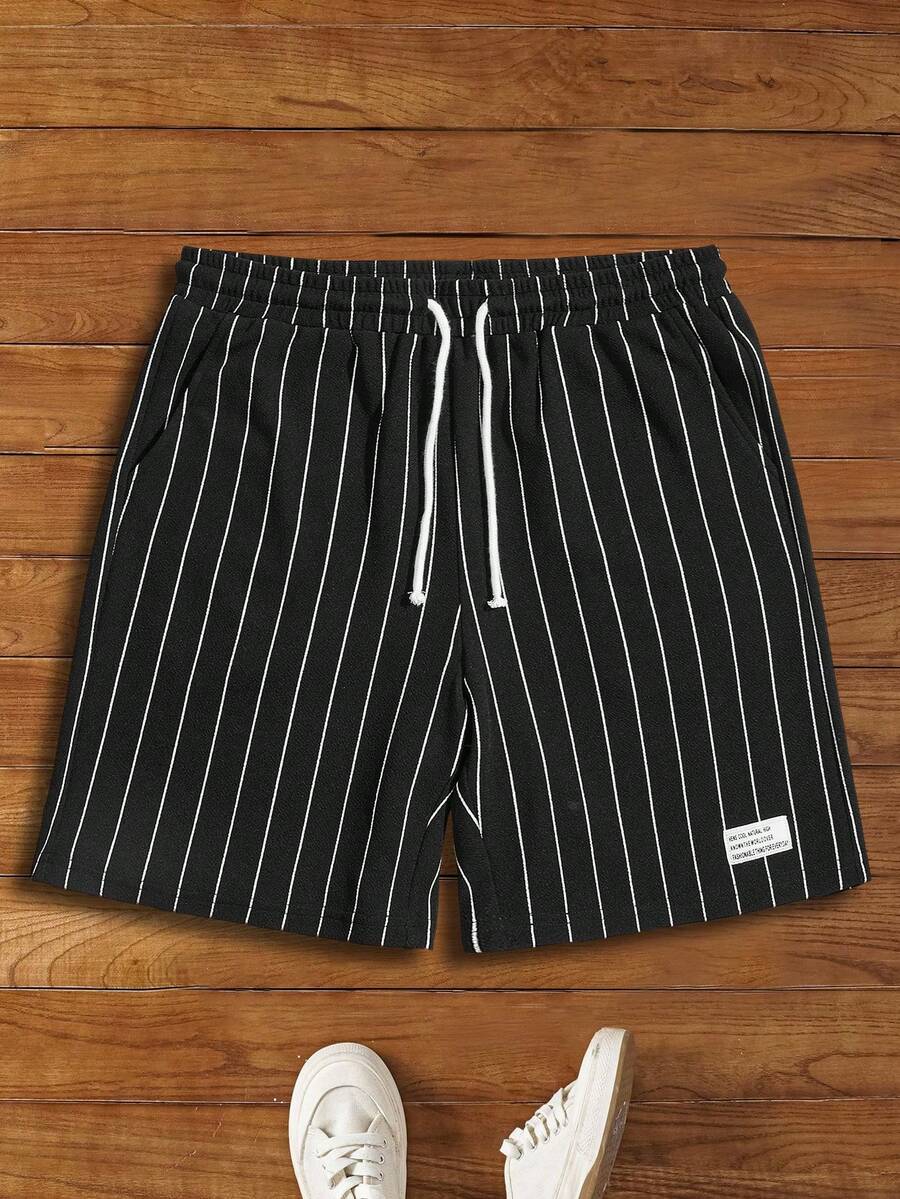 HIMLAND Men Drawstring Waist Patched Detail Striped Shorts Vacation Drawstring Black Shorts, For Husband, Boyfriend Gifts
