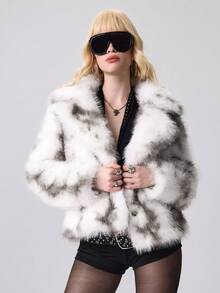 ROMWE EDITION Women's Colorblock Long Sleeve Loose Faux Fur Jacket, Winter - White - View 8