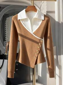 Franclia Suéter de cuello polo de manga larga con color de contraste elegante y minimalista, adecuado para otoño/invierno - Caqui - Ver 3