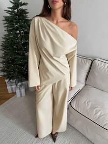 Aloruh Bộ áo sơ mi dài tay lệch vai đơn giản + quần dài - Màu Khaki - Xem 4