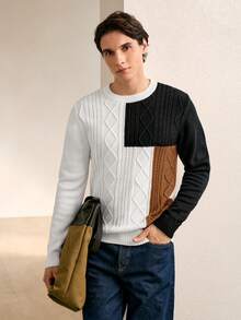 RONVEXI Áo len cổ tròn tay dài màu khối dáng rộng thoải mái cho nam, áo len màu tương phản thu đông, áo len chắp vá cho nam, áo len dệt kim, áo len nam, áo len nam, áo len dệt kim, áo len lót nhiệt, chống gió và chống lạnh cho nam - Nhiều màu - Xem 3