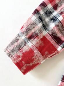 SHEIN Tween Girls Red Plaid Long Polyester Shirt Blouse With Drop Shoulder Sleeves And Asymmetrical Hem Everyday Casual Style Blouse - Red - View 8
