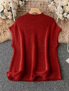 SHEIN LUNE 大码女式纯色针织蝙蝠袖立领休闲套头毛衣，酒红色，秋冬 - 紅色 - 查看 2