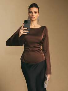 Poéselle 女式纯色圆领喇叭袖优雅时尚衬衫 - 棕色 - 查看 5