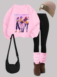 SHEIN ChillGRL 1 套年轻女孩休闲时尚 K-POP 卡通女孩图案粉色圆领运动衫和紧身裤套装，秋冬，适合日常外出和上学穿着 - 彩色 - 查看 1
