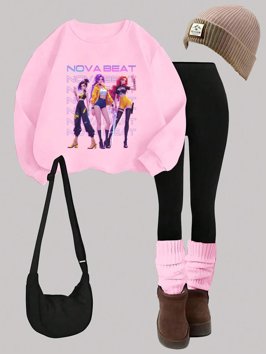 SHEIN ChillGRL 1 套年轻女孩休闲时尚 K-POP 卡通女孩图案粉色圆领运动衫和紧身裤套装，秋冬，适合日常外出和上学穿着 - 彩色 - 查看 1