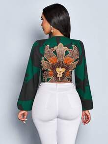 SOLERSUN Spring And Summer Women's Wear Daily Leisure Elegant Commuter Black Floral Print With Apricot Base Woven Fabric Deep V-Neck Pleated Waist Gathered Back Long Sleeves Lantern Sleeves Shirt